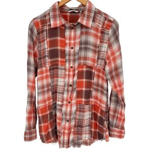 BKE Womens‎ Medium Plaid Button Up Flannel Shirt Long Sleeve Western Patchwork
